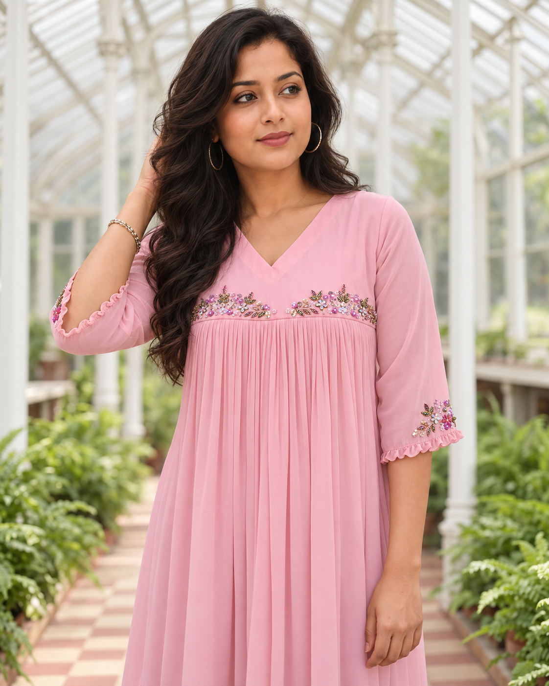 Tea rose georgette Aline kurti with hand worked yoke and sleeves MBS-1521 **Ready to dispatch**