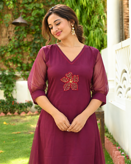 Burgundy organza Aline kurti with hand embroidery and anchor thread detailings MBS-1545 **Ready to dispatch**
