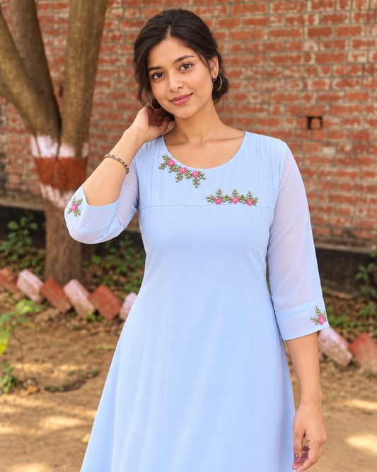 Pale powder blue georgette Aline kurti with pintuck and thread embroidery detailings on yoke and sleeves MBS-1554 **Ready to dispatch**