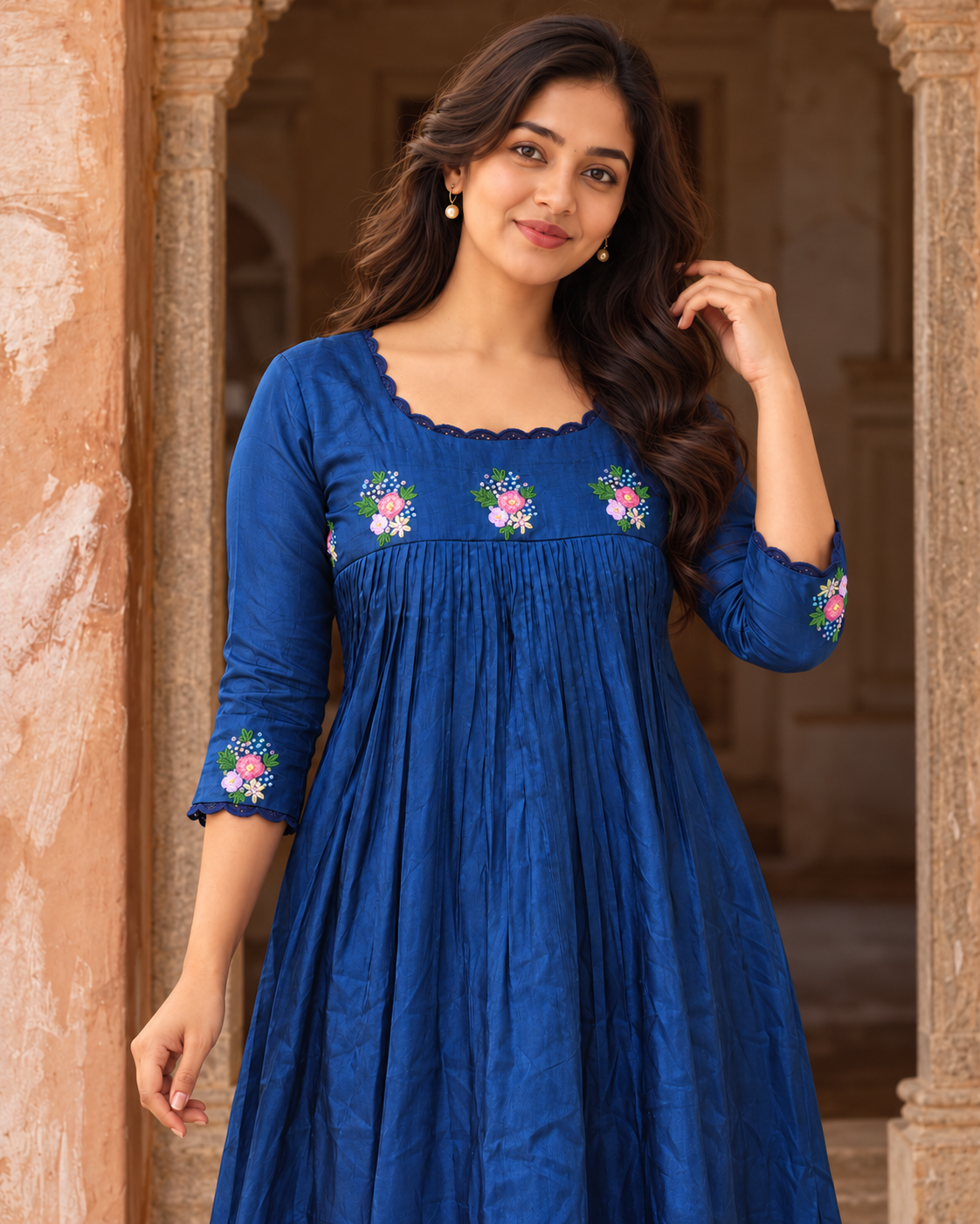Blue muslin silk Aline kurti with handworked yoke and lace detailings MBS-1467 **Ready to dispatch**