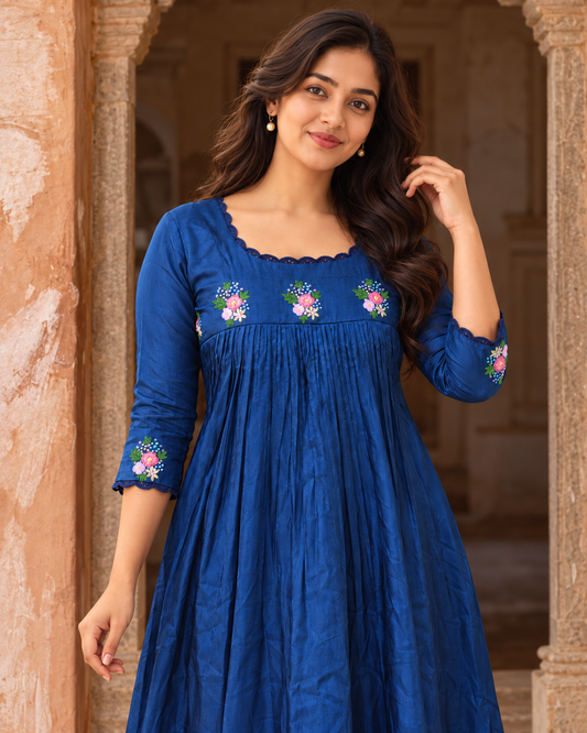 Blue muslin silk Aline kurti with handworked yoke and lace detailings MBS-1467 **Ready to dispatch**