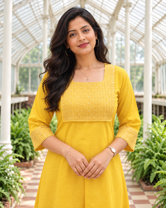 Yellow slub cotton Aline Kurti with pintucked yoke and lace MBS-1556 **Ready to dispatch**