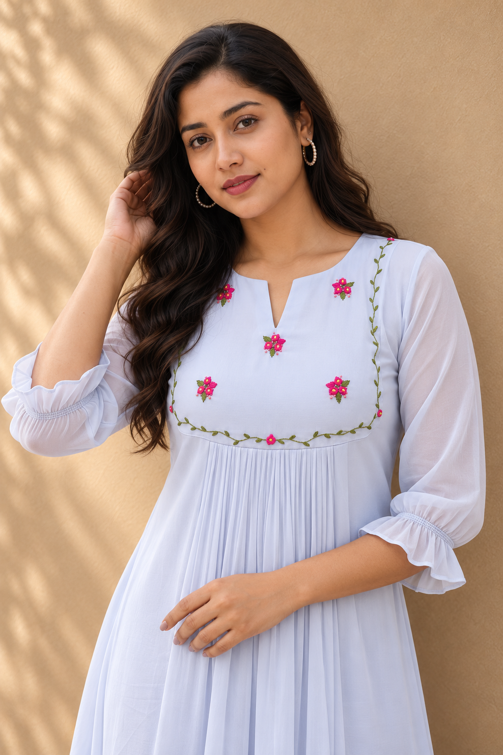 Pastel blue georgette Aline kurti with hand embroidered yoke MBS-1542 **Ready to dispatch**