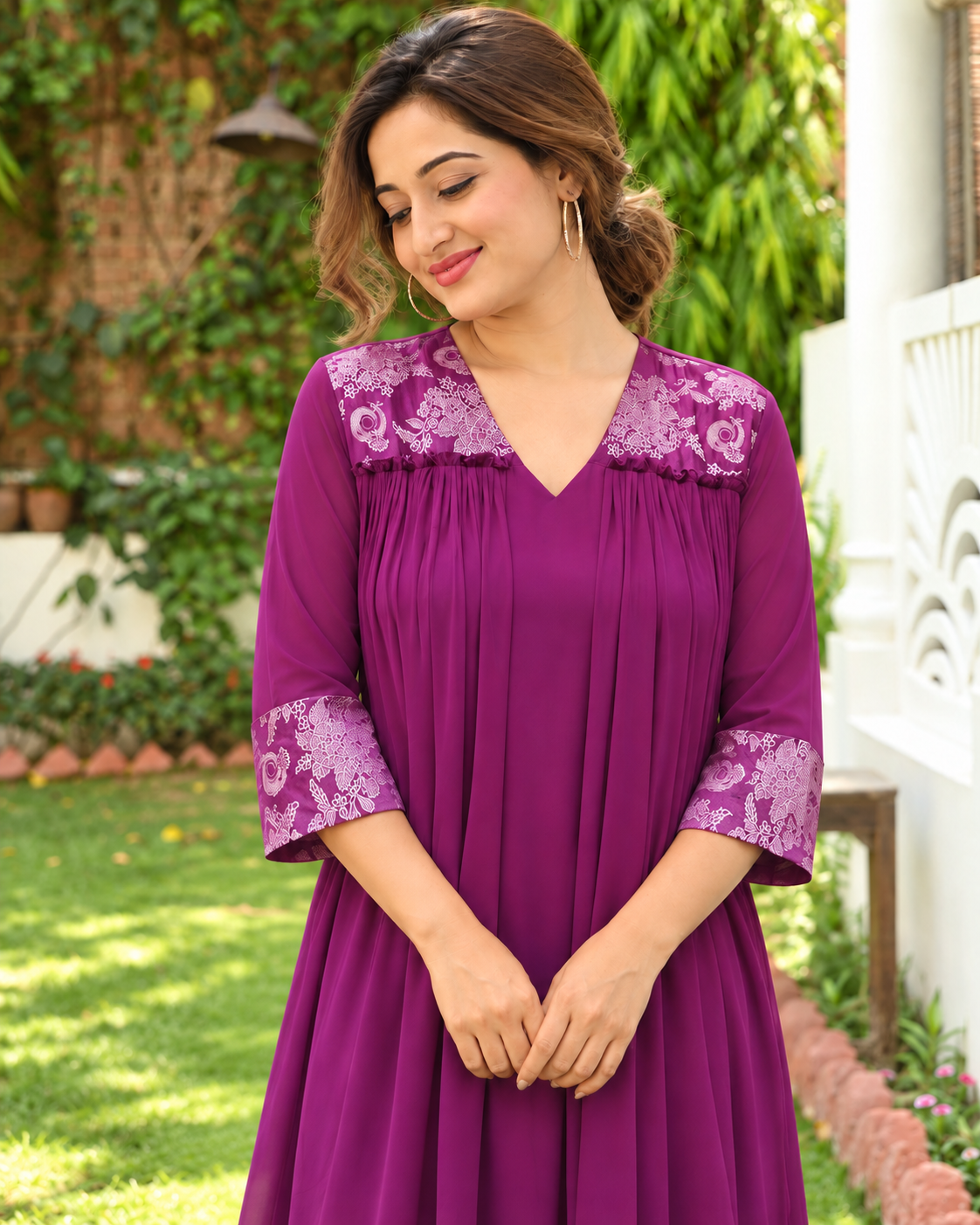 Dark grape shaded georgette Aline kurti with brocade patch MBS-1527 **Ready to dispatch**