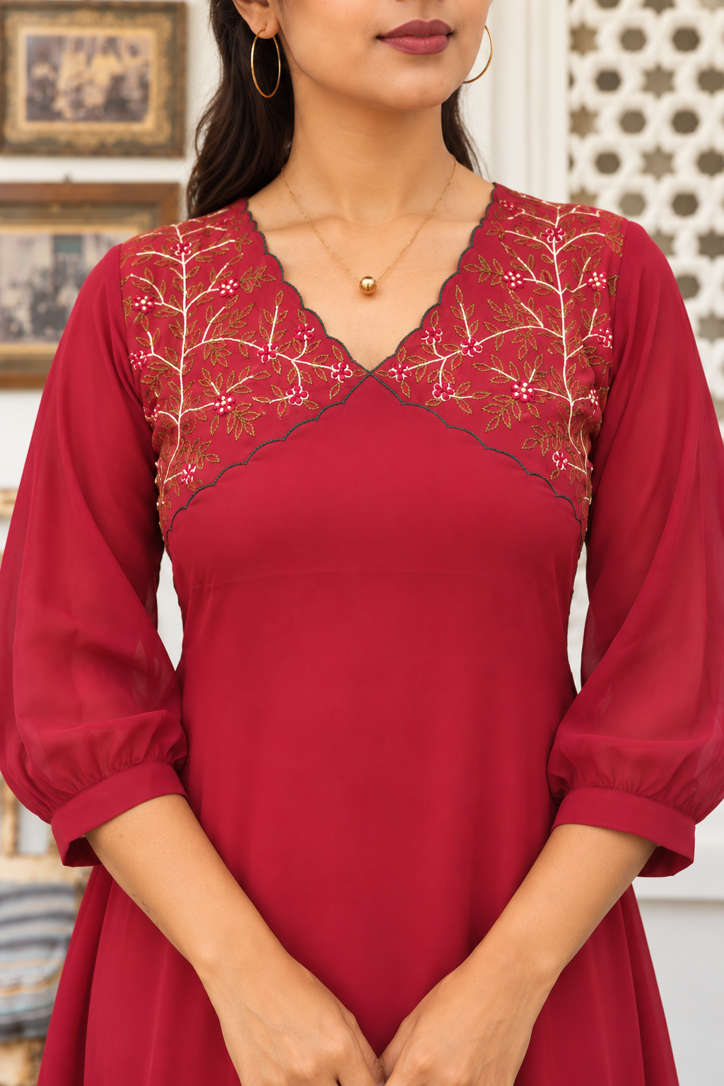 Brick red shaded georgette Aline kurti with handworked yoke MBS-1539 **Ready to dispatch**
