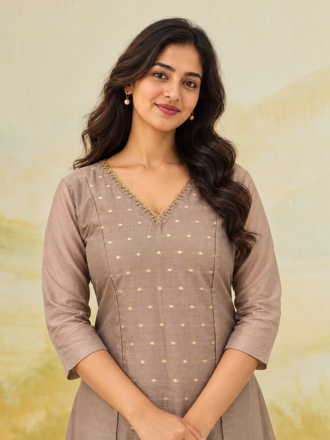 Dark beige shaded viscose mul chanderi panel cut Aline kurti with handworked neckline MBS-1505