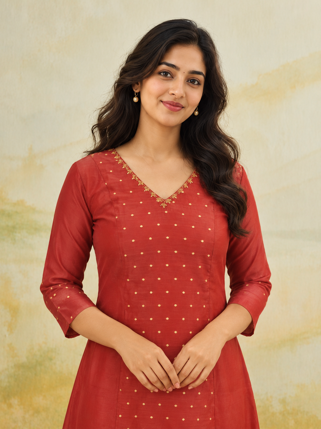 Brick red shaded viscose mul chanderi panel cut Aline kurti with handworked neckline MBS-1504
