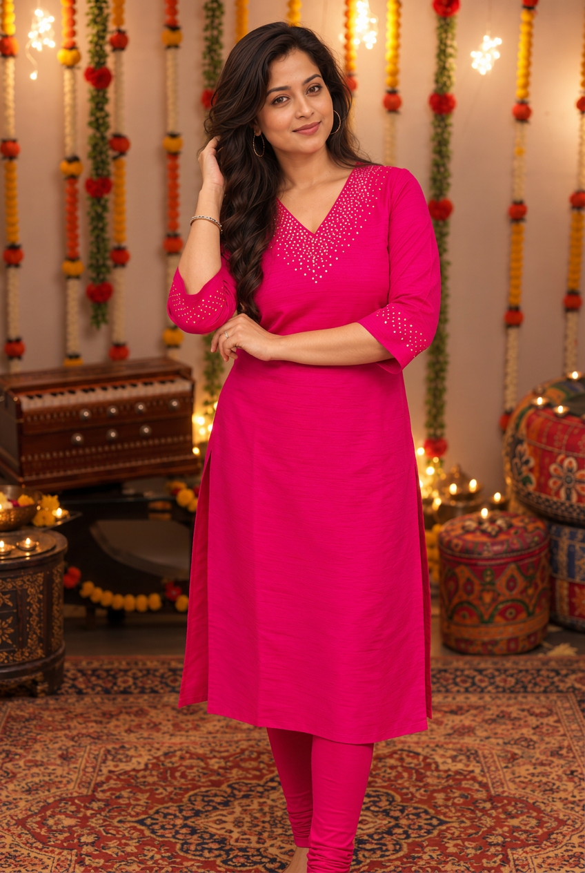 Rani pink shaded raw silk kurti with handworked neckline MBS-1342 **Ready to dispatch**