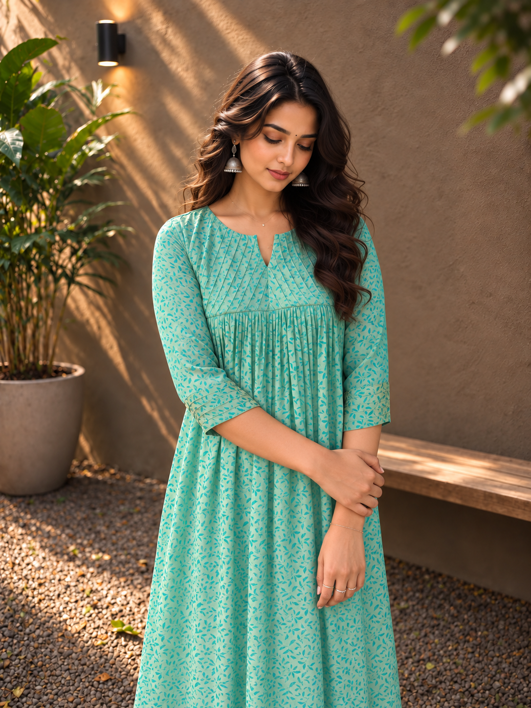 Green printed soft georgette Aline kurti with pintucked yoke MBS-1427 **Ready to dispatch**