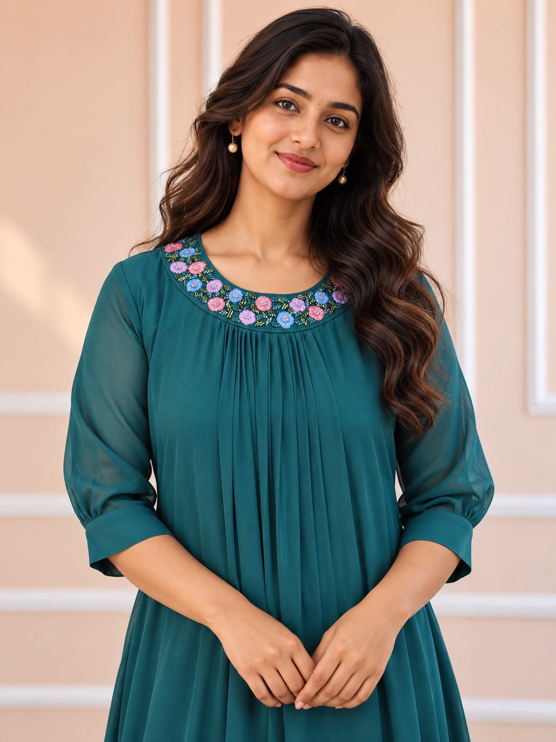 Dusty green shaded georgette Aline kurti handworked neckline MBS-1446 **Ready to dispatch**