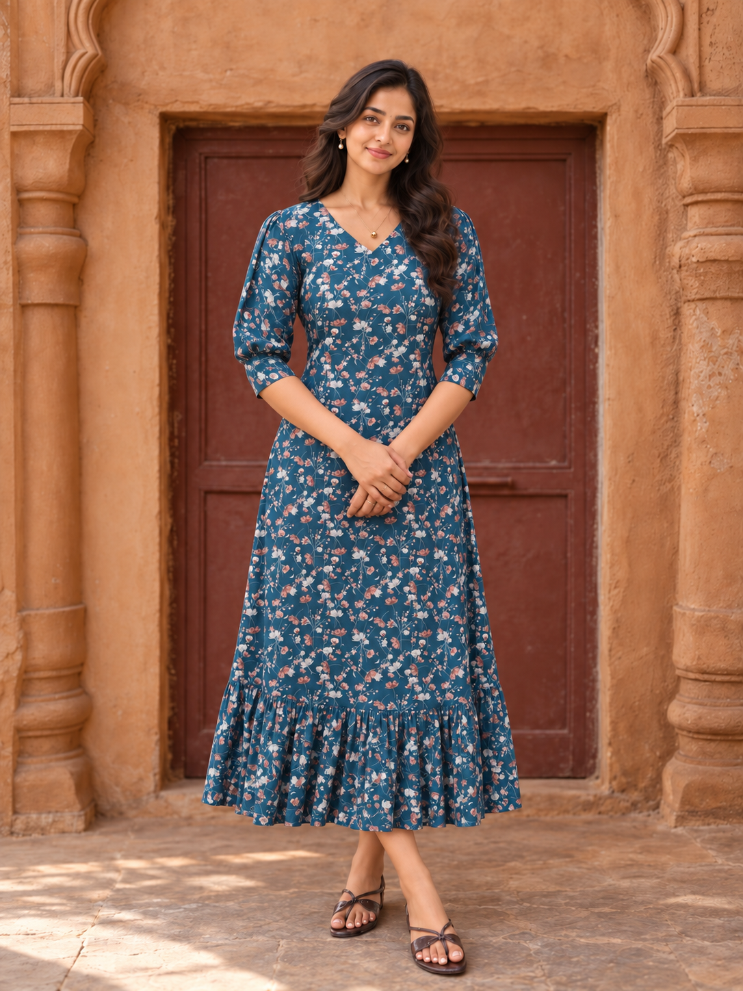 Blue floral printed reyon kurti with frilled hemline MBS-1499 **Ready to dispatch**