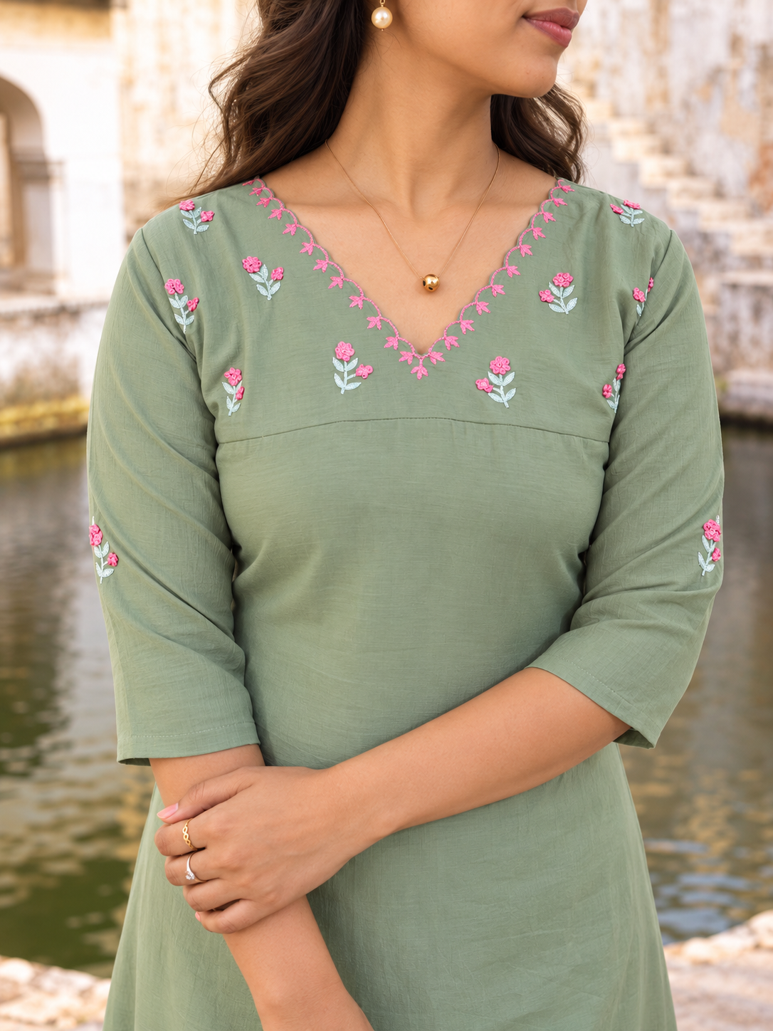 Sage green shaded semi silk Aline kurti with thread embroidered yoke MBS-1271