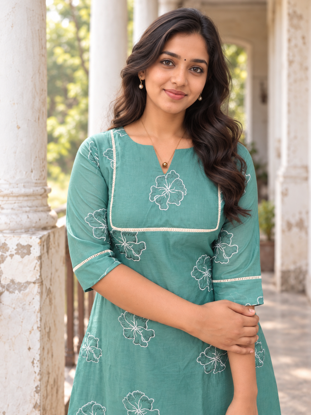 MBS1498 Aqua green shaded viscose mul chanderi Aline kurti with all over floral thread embroidery detailings MBS-1498 **Ready to dispatch**