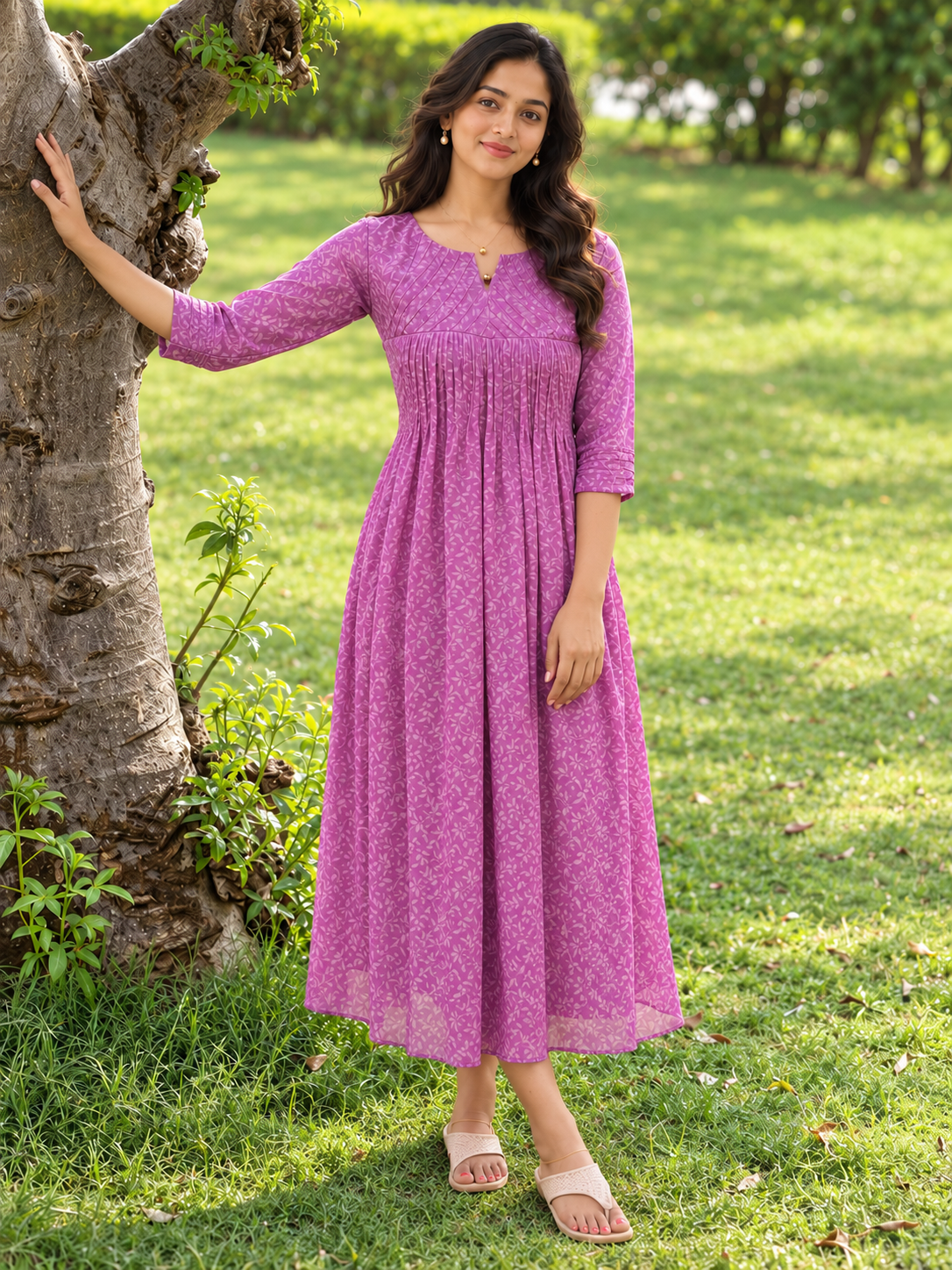 Light amaranth printed soft georgette Aline kurti with pintucked yoke MBS-1426 **Ready to dispatch**