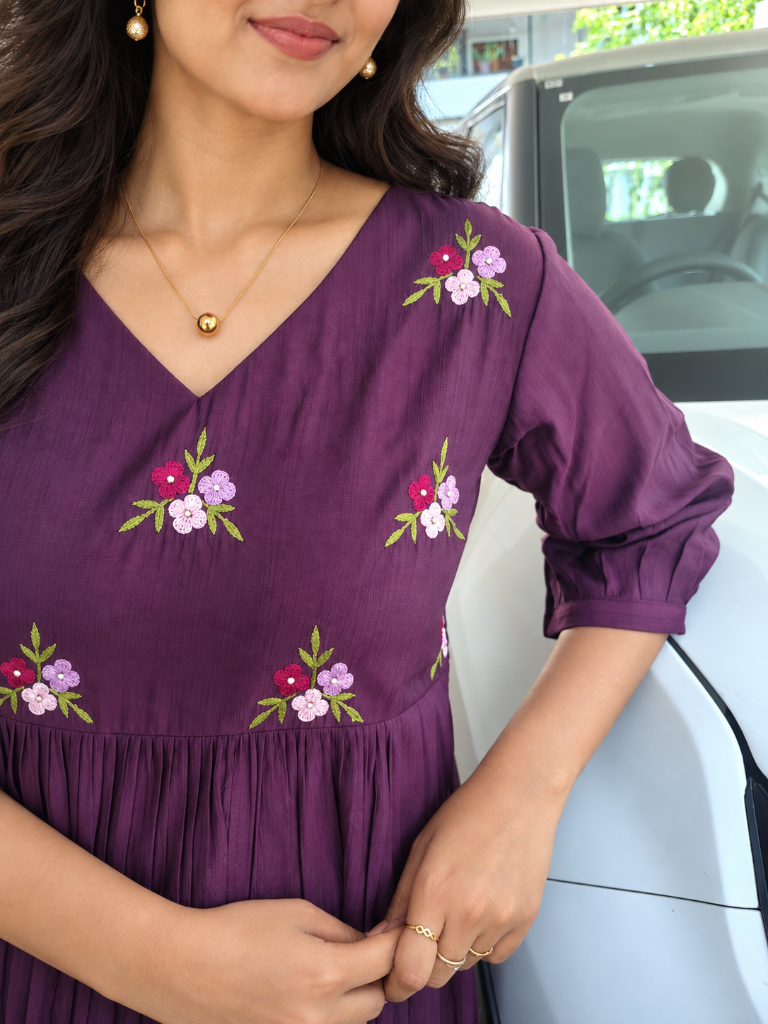 Dark grape vertical stripped cotton Aline kurti with floral thread embroidery detailings on yoke MBS-1449 **Ready to dispatch**