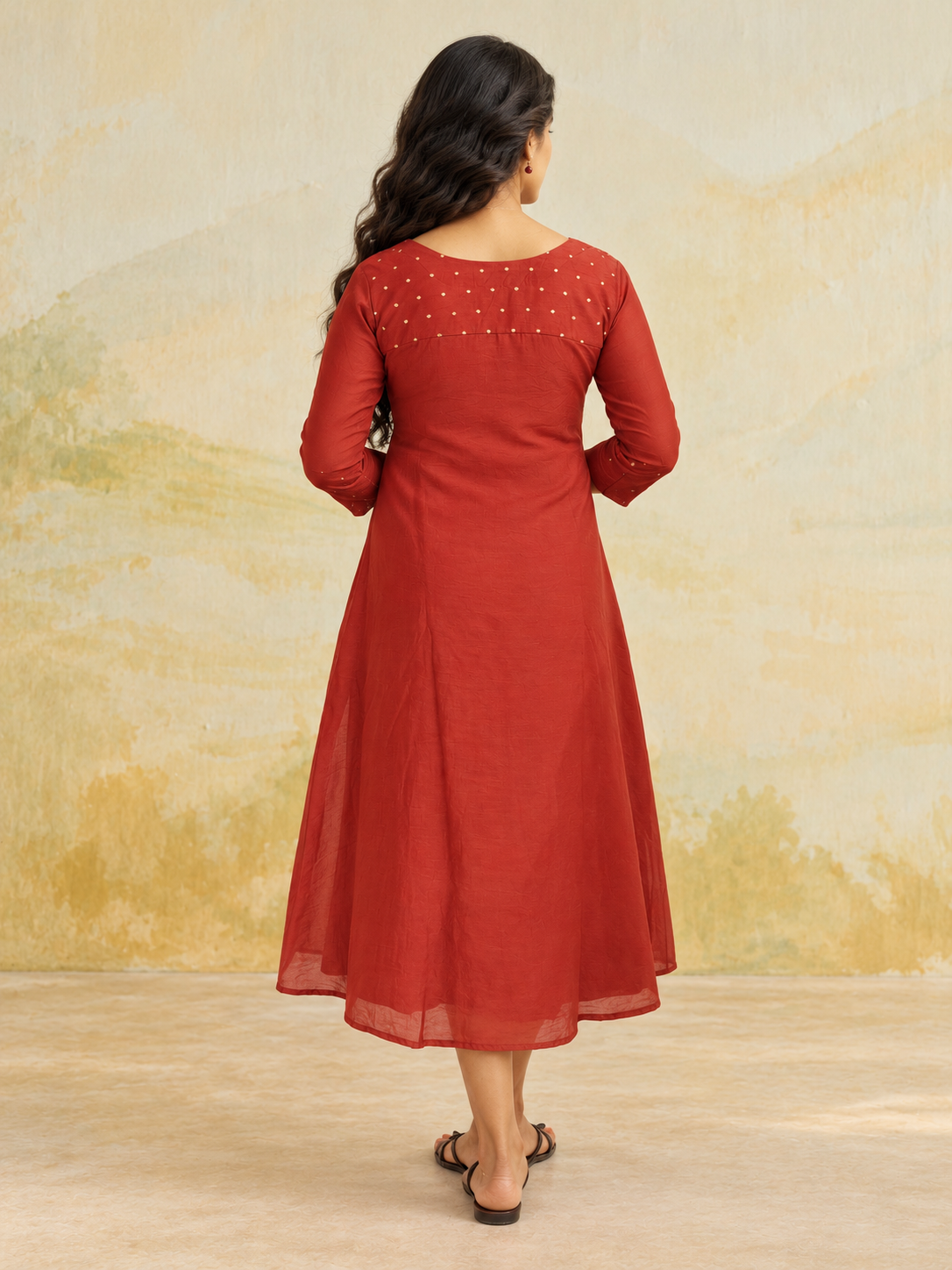 Brick red shaded viscose mul chanderi panel cut Aline kurti with handworked neckline MBS-1504