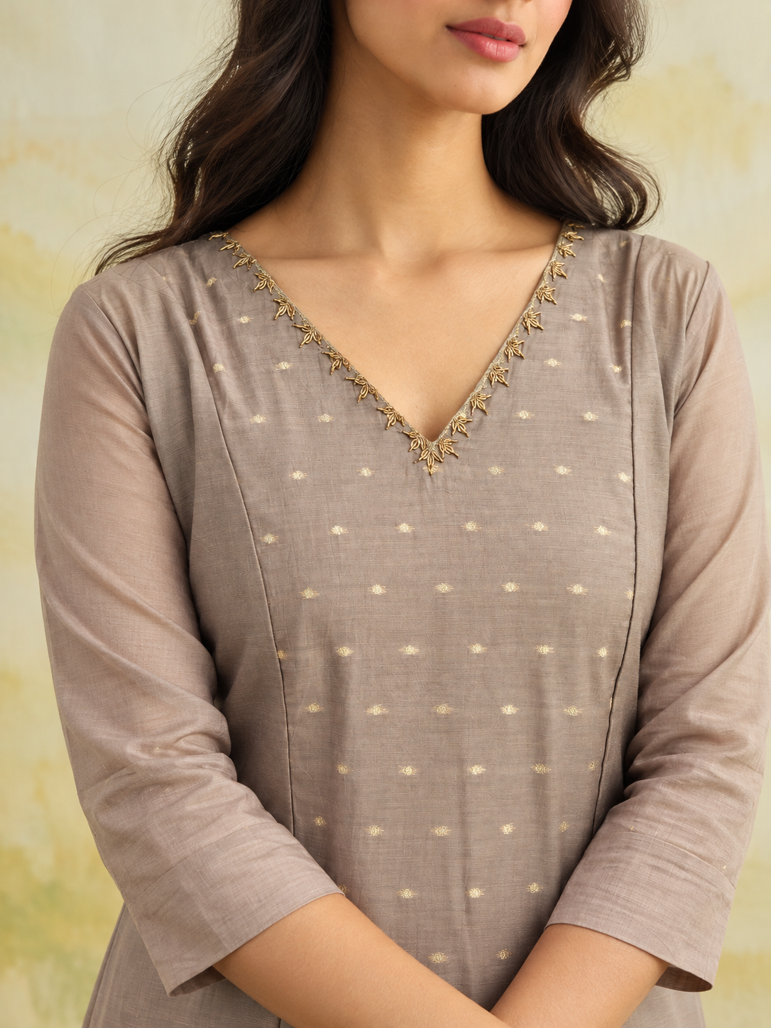 Dark beige shaded viscose mul chanderi panel cut Aline kurti with handworked neckline MBS-1505