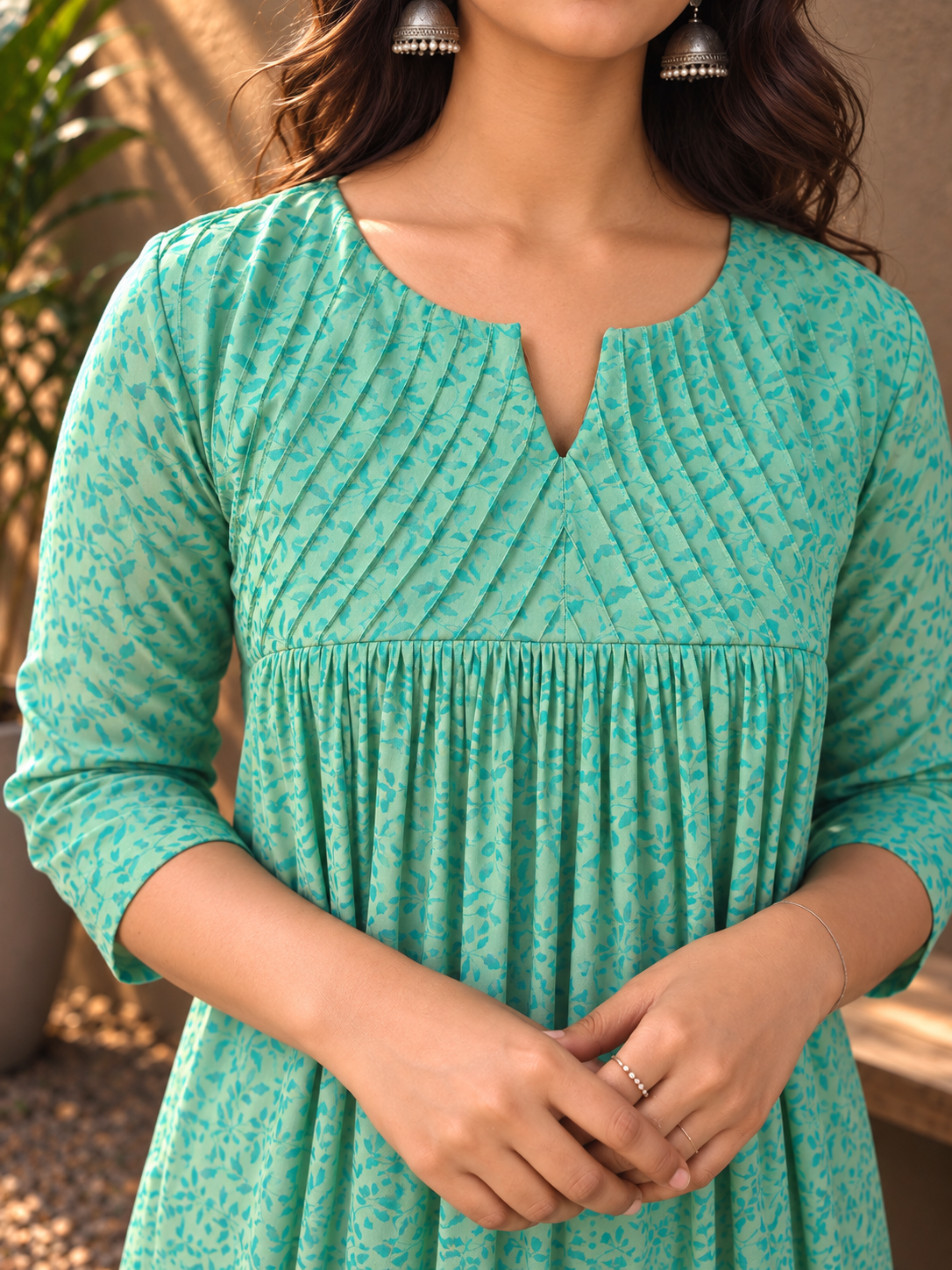 Green printed soft georgette Aline kurti with pintucked yoke MBS-1427 **Ready to dispatch**