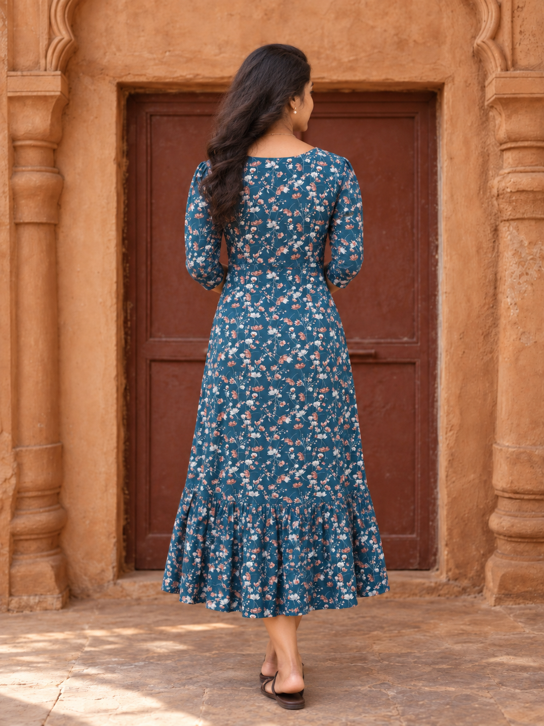 Blue floral printed reyon kurti with frilled hemline MBS-1499 **Ready to dispatch**