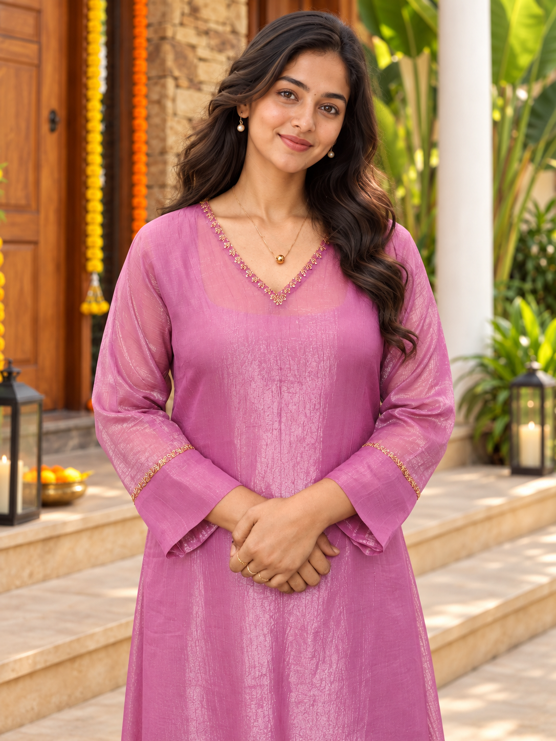 Onion pink shaded crushed organza antifit Kurti with zardozi detailed neckline and sleeves MBS-1376 **Ready to dispatch**