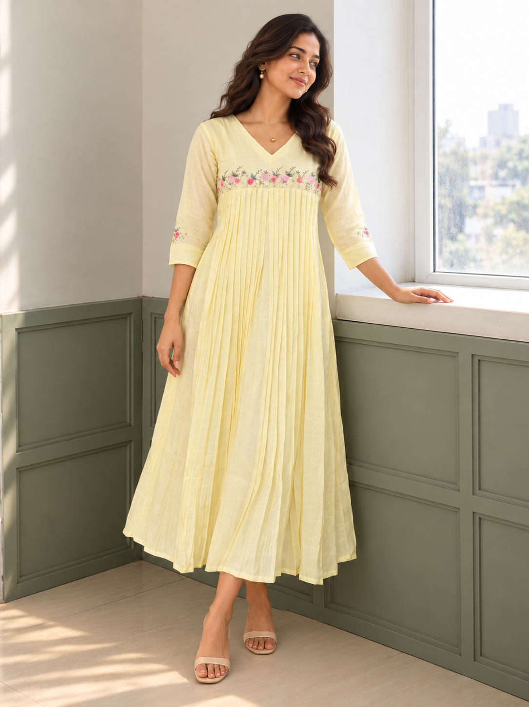 Yellow shaded vertical self stripped cotton Aline kurti with hand embroidered yoke MBS-1452