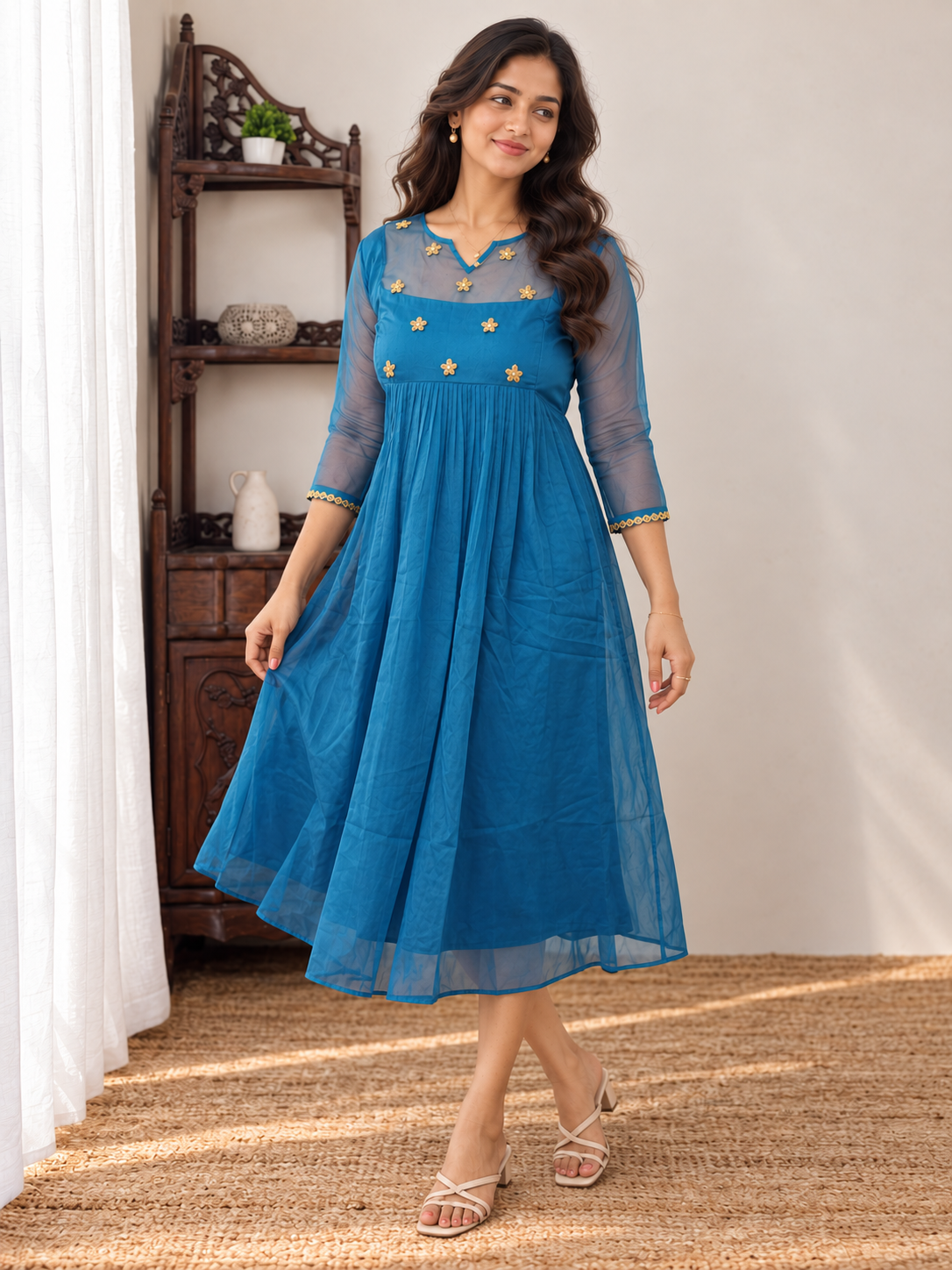 Blue organza Aline kurti with handworked yoke MBS-1425 **Ready to dispatch**