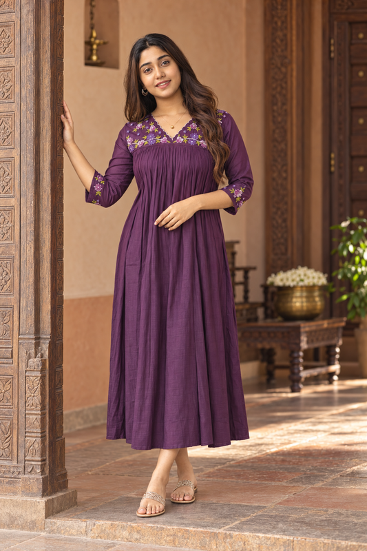 Dark grape shaded roman silk Aline kurti with handworked yoke and sleeves MBS-1478