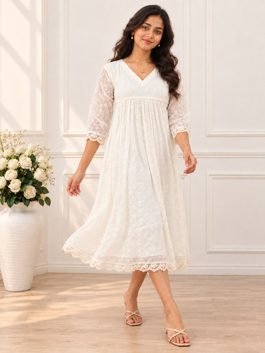 Off-white mul chanderi with floral thread cutworked fabric Aline kurti with lace detailings MBS-1416
