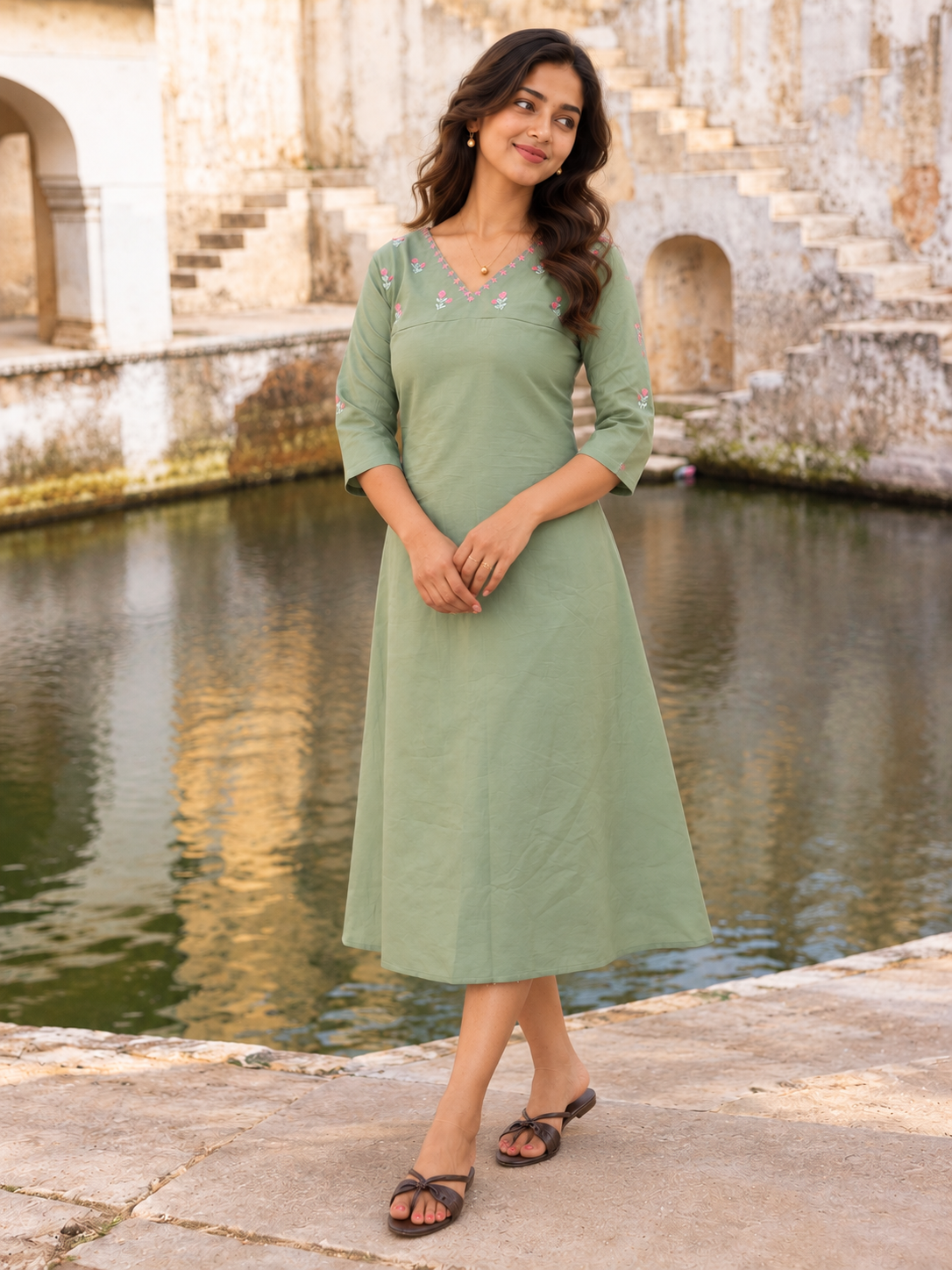 Sage green shaded semi silk Aline kurti with thread embroidered yoke MBS-1271