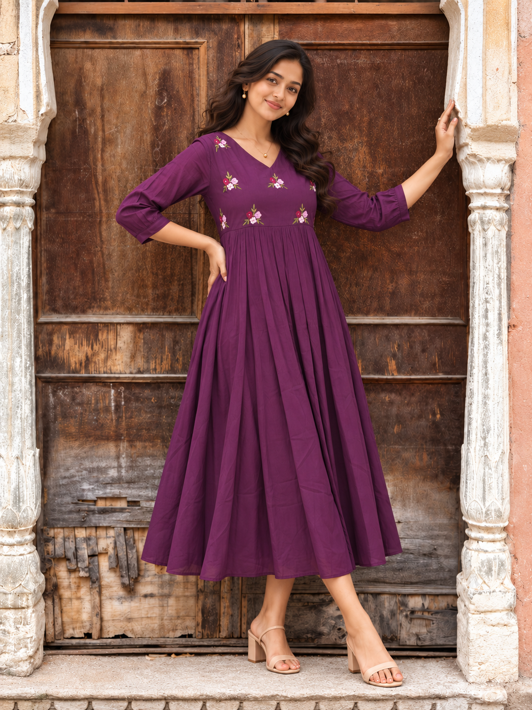 Dark grape vertical stripped cotton Aline kurti with floral thread embroidery detailings on yoke MBS-1449 **Ready to dispatch**