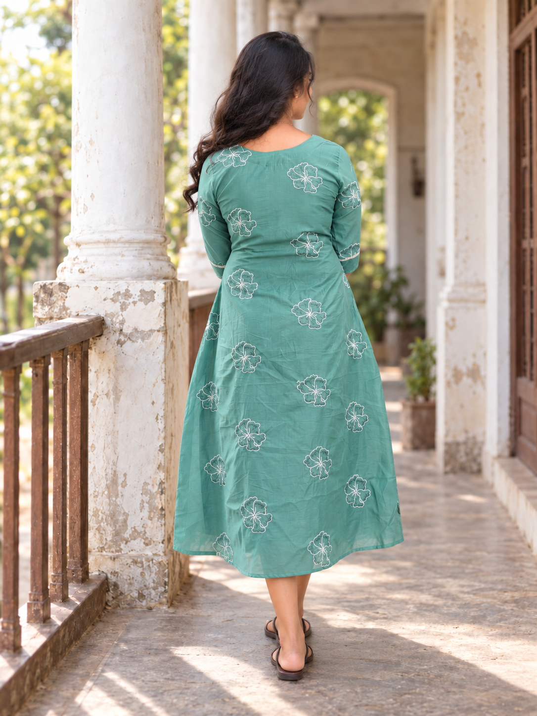 MBS1498 Aqua green shaded viscose mul chanderi Aline kurti with all over floral thread embroidery detailings MBS-1498 **Ready to dispatch**