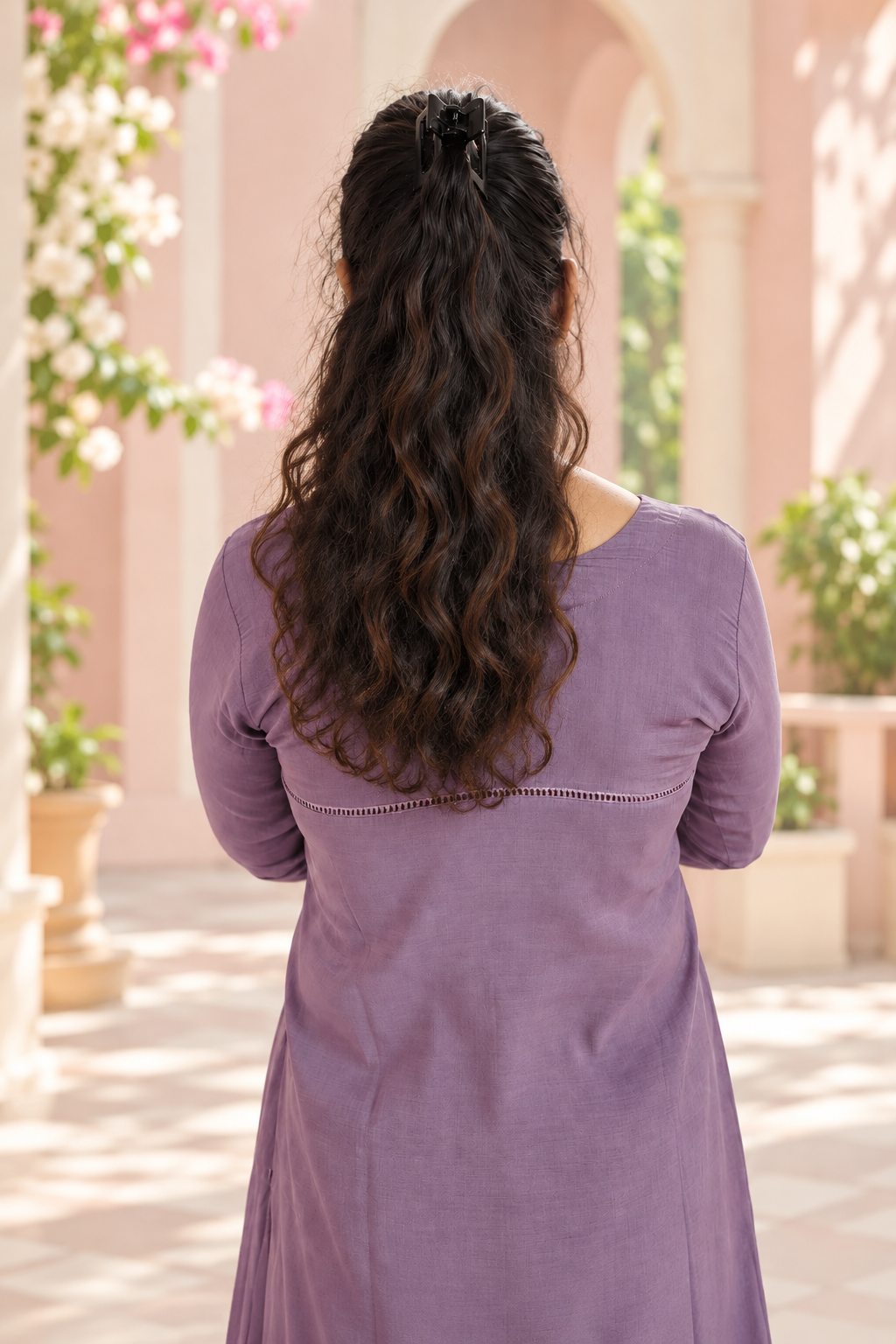 Lavender shaded roman silk Aline Kurti with hand embroidery and lace detailings MBS-1269