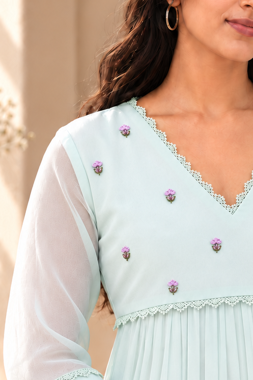 Pale mint shaded georgette Aline kurti with hand embroidery and lace detailings MBS-1601 **Ready to dispatch**