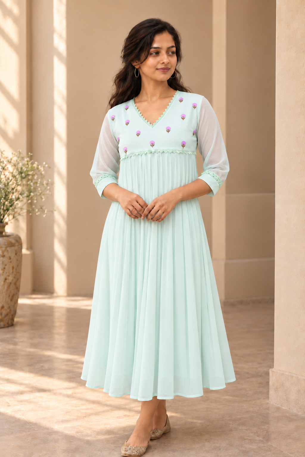 Pale mint shaded georgette Aline kurti with hand embroidery and lace detailings MBS-1601 **Ready to dispatch**