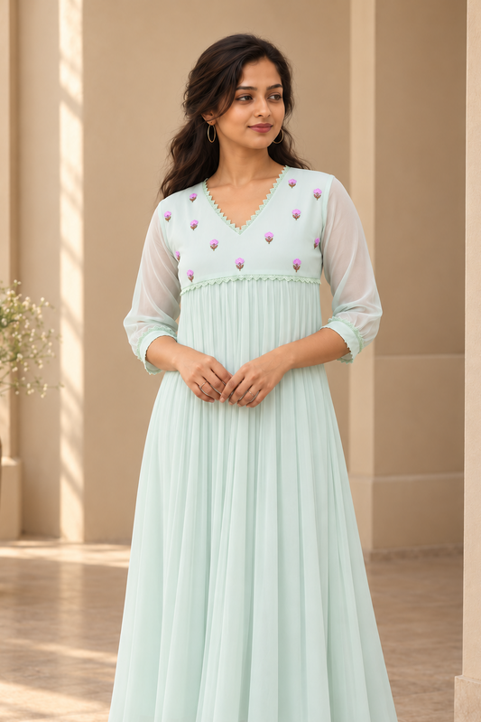 Pale mint shaded georgette Aline kurti with hand embroidery and lace detailings MBS-1601 **Ready to dispatch**