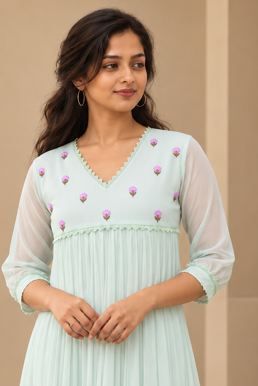 Pale mint shaded georgette Aline kurti with hand embroidery and lace detailings MBS-1601 **Ready to dispatch**