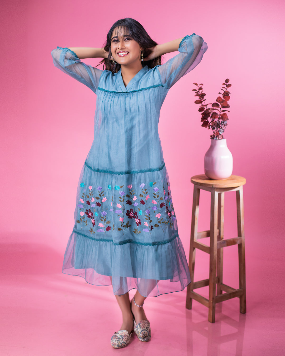 Chinese blue organza dress with multi shaded thread work and crochet lace detailing MBS-1473 **Ready to dispatch** **last piece sale**