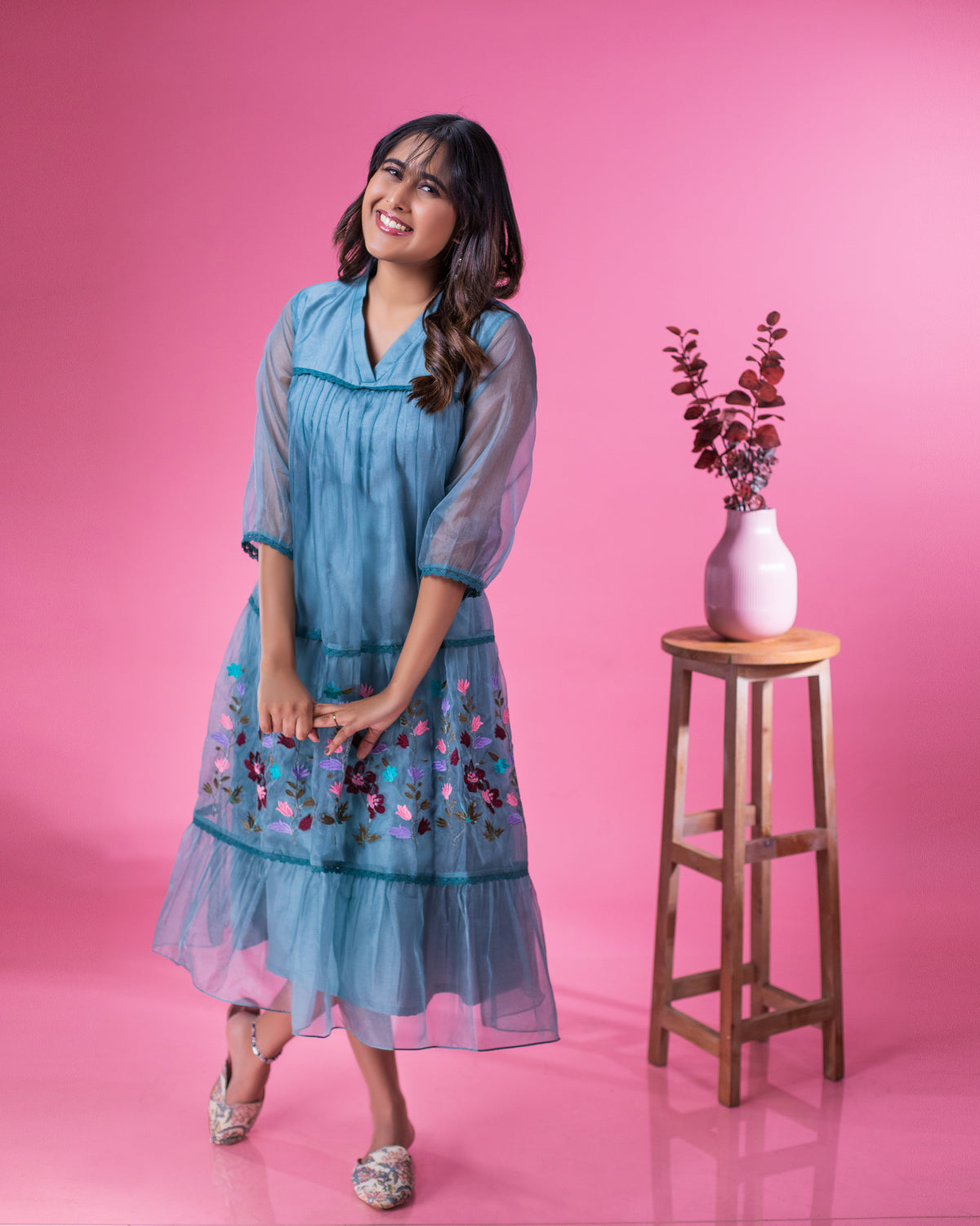 Chinese blue organza dress with multi shaded thread work and crochet lace detailing MBS-1473 **Ready to dispatch** **last piece sale**