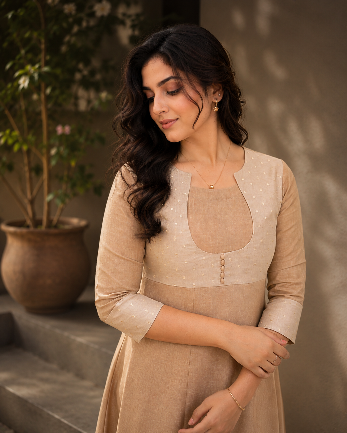 Beige cotton slub panelled Kurti with tissue organza yoke MBS-1247 **Ready to dispatch**
