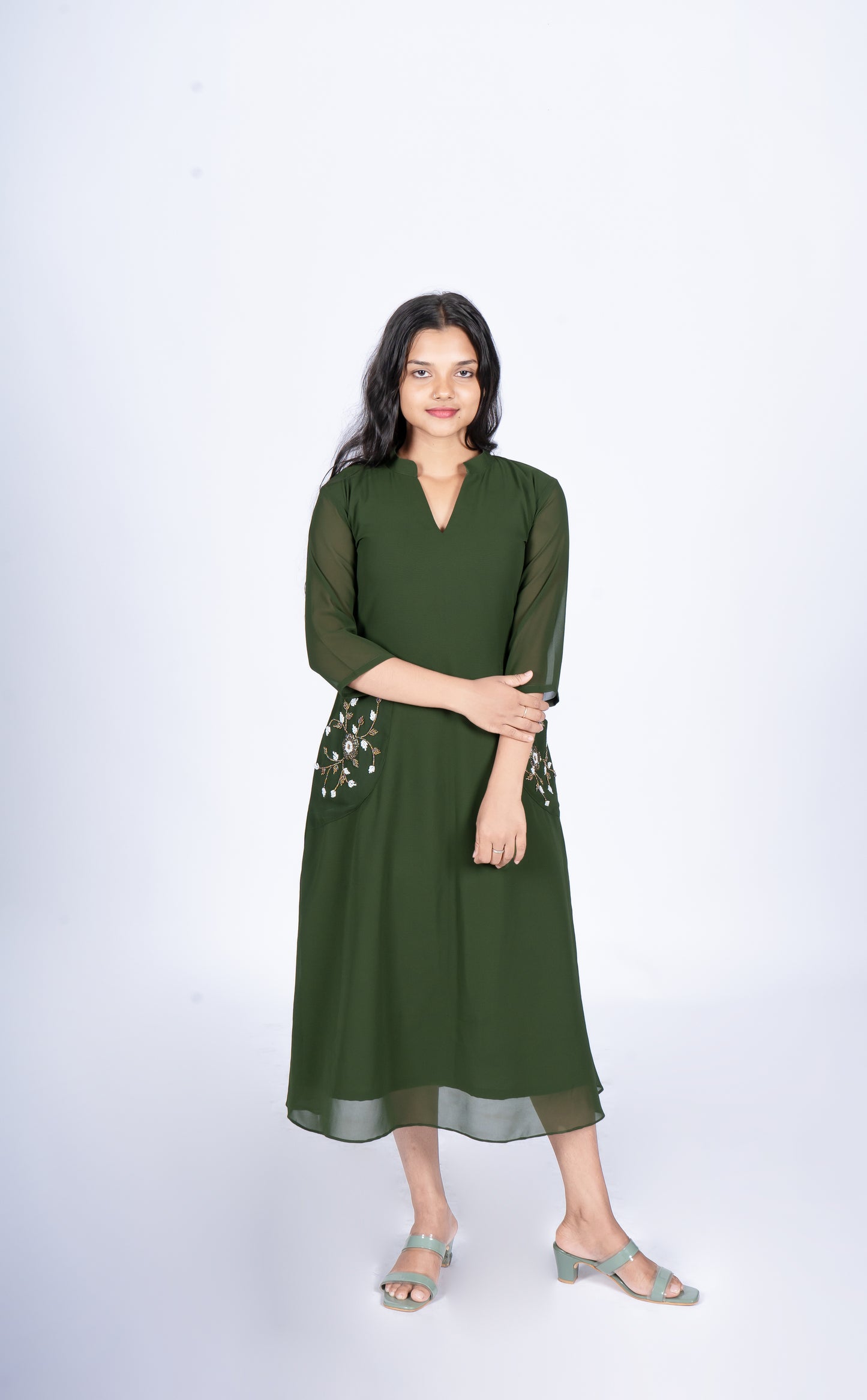 Olive Green Colour Readymade Cotton Kurti having Digital Floral Prints with  3/4th Hand Sleeves