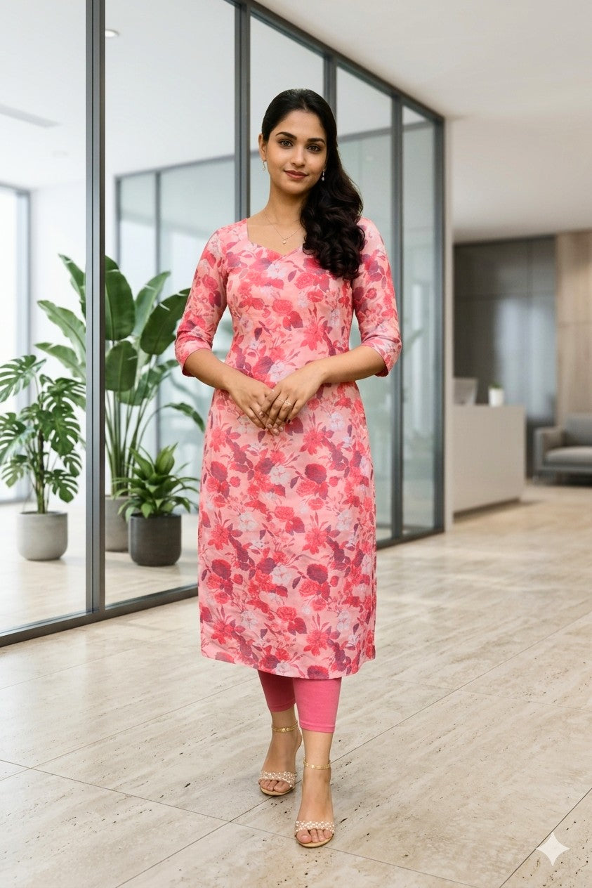 Peachy pink shade floral printed cotton slitted kurti MBS-831