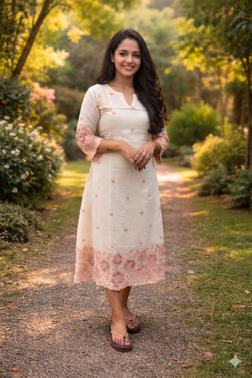 Kora cotton kurti with floral thread embroidery detailings and heavy worked hemline MBS-863