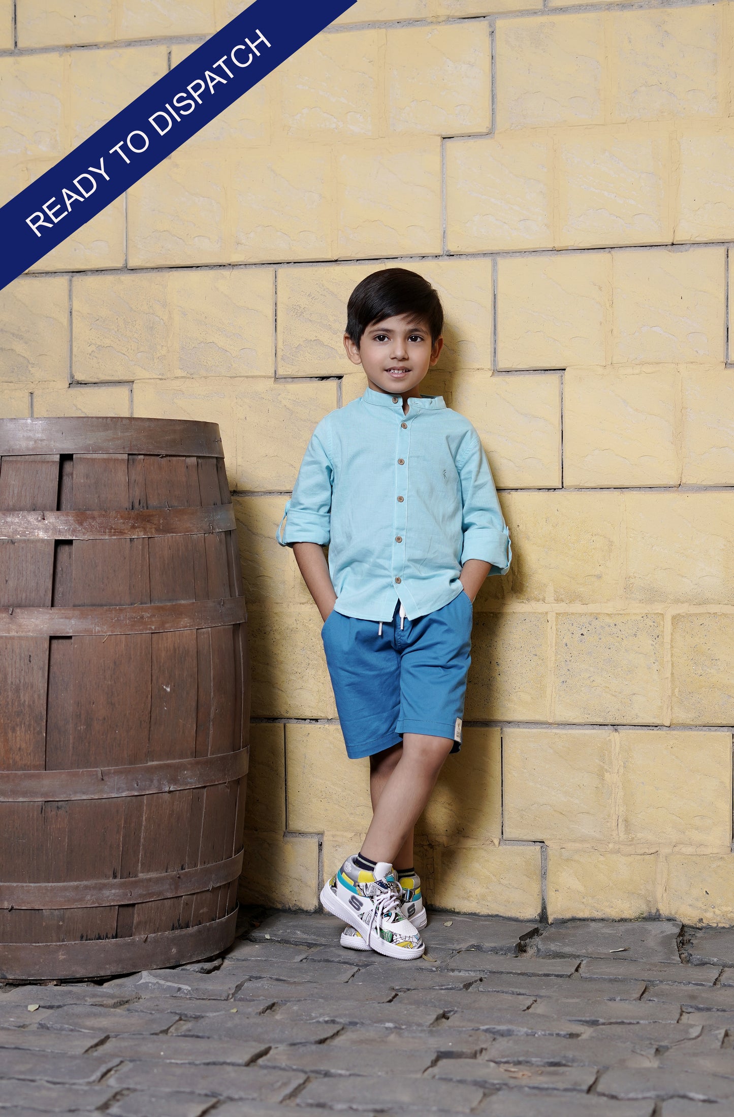 Kids Textured cotton shirt with roll up sleeves and mandarin collar