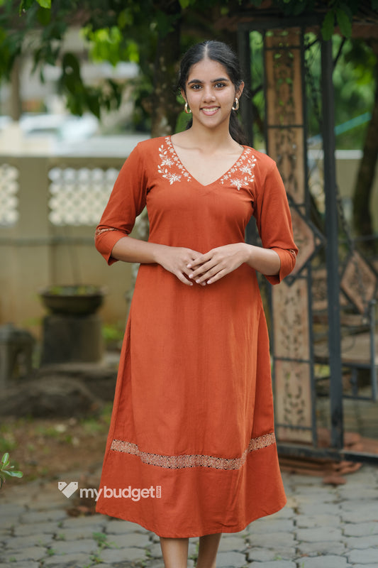 Rust orange cotton flex kurti with embroidery detailings on neck MBS-842