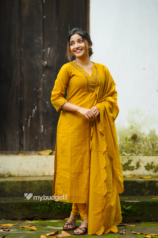 Mustard yellow shaded chanderi partywear Kurti with hand embroidery and heavy scalloped dupatta MBS-1316