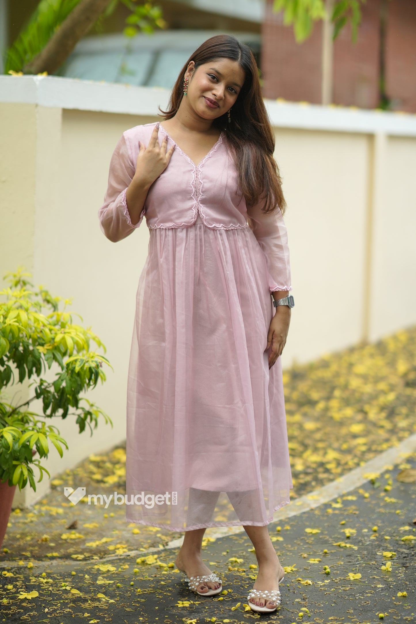 Pastel peach organza kurti with scalloped yoke and lace detailings MBS-854