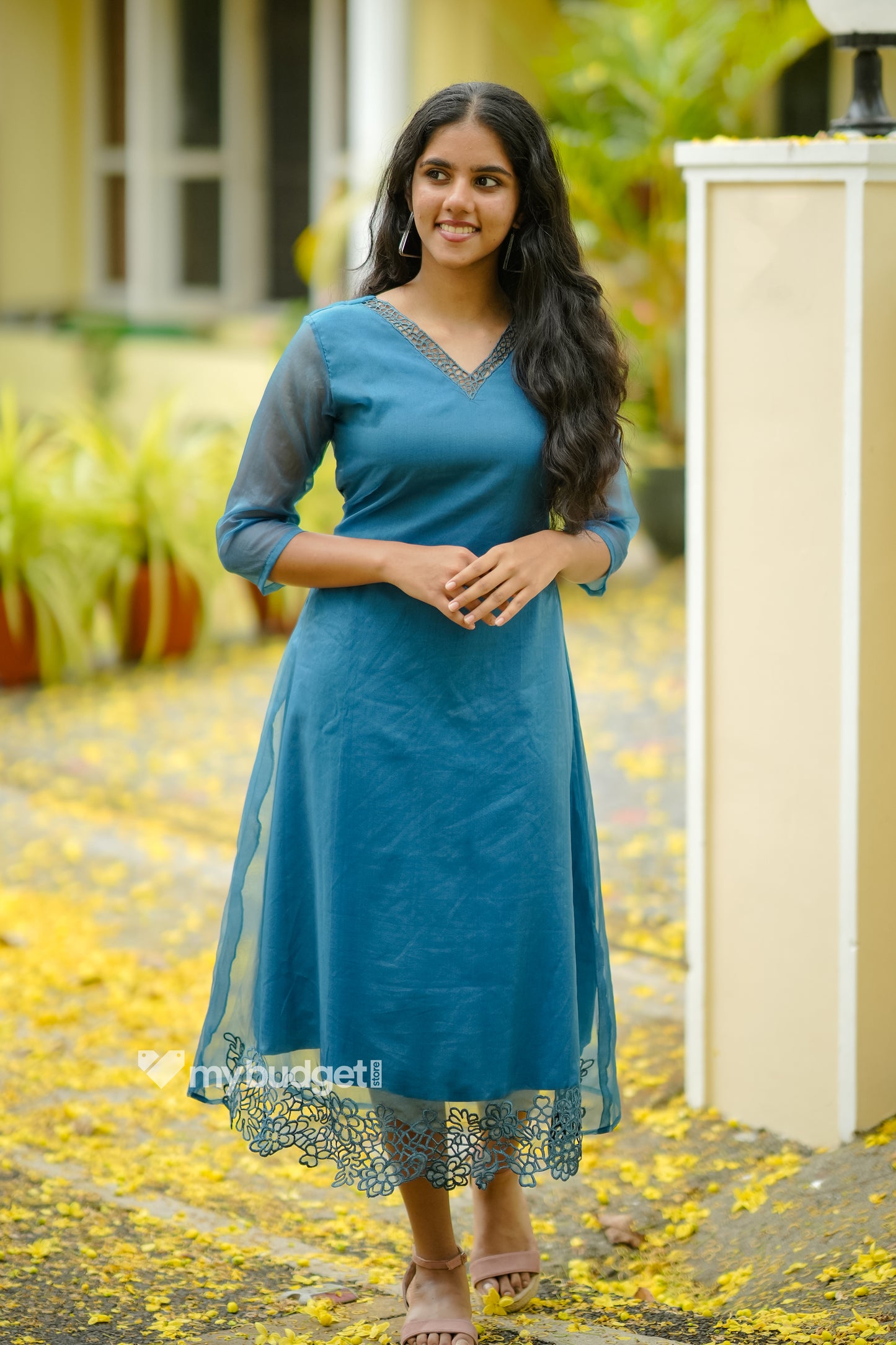 Blue shaded organza kurti with cutworked neckline and hemline MBS-859