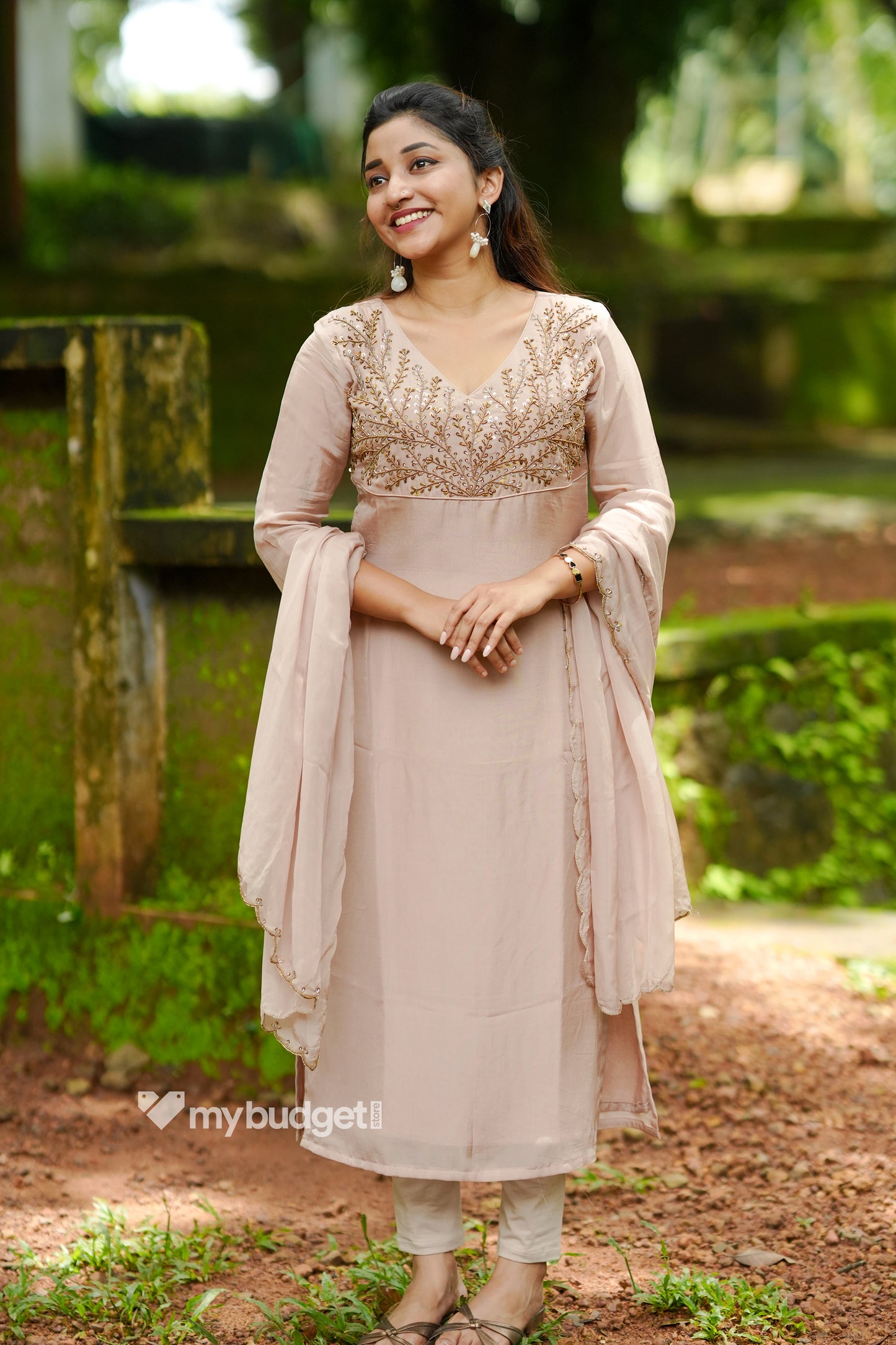 Beige viscose organza partywear kurti with handworked yoke and dupatta MBS-1333