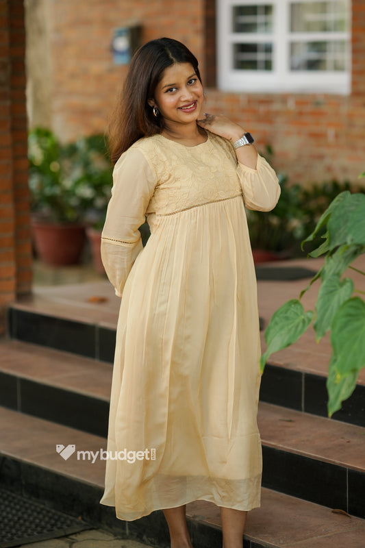 Soft beige shaded viscose organza A-line kurti/dress with floral thread applique embroidery on yoke MBS-868