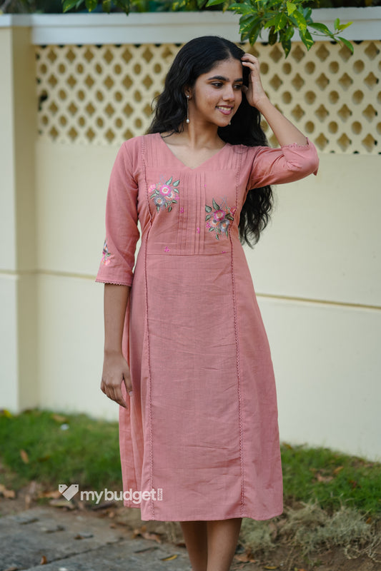 Peach shaded flex cotton A-line kurti/dress with floral embroidery detailed yoke MBS-866